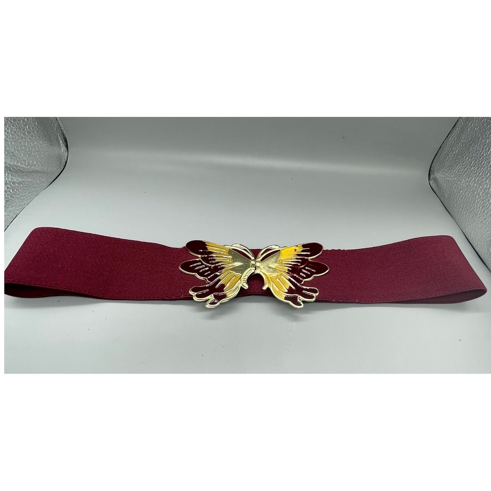 Vintage Burgundy Elastic Cinch Belt Gold Butterfly Enamel Buckle Women